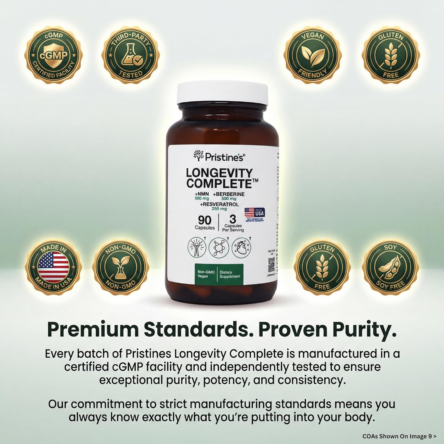 PRISTINE'S Longevity Complete Anti Aging NMN Complex - Advanced Cellular Support - NMN 500mg, Berberine 500mg, Resveratrol 250mg, Healthy Aging, Autophagy & NAD+ Support - Glass Bottle