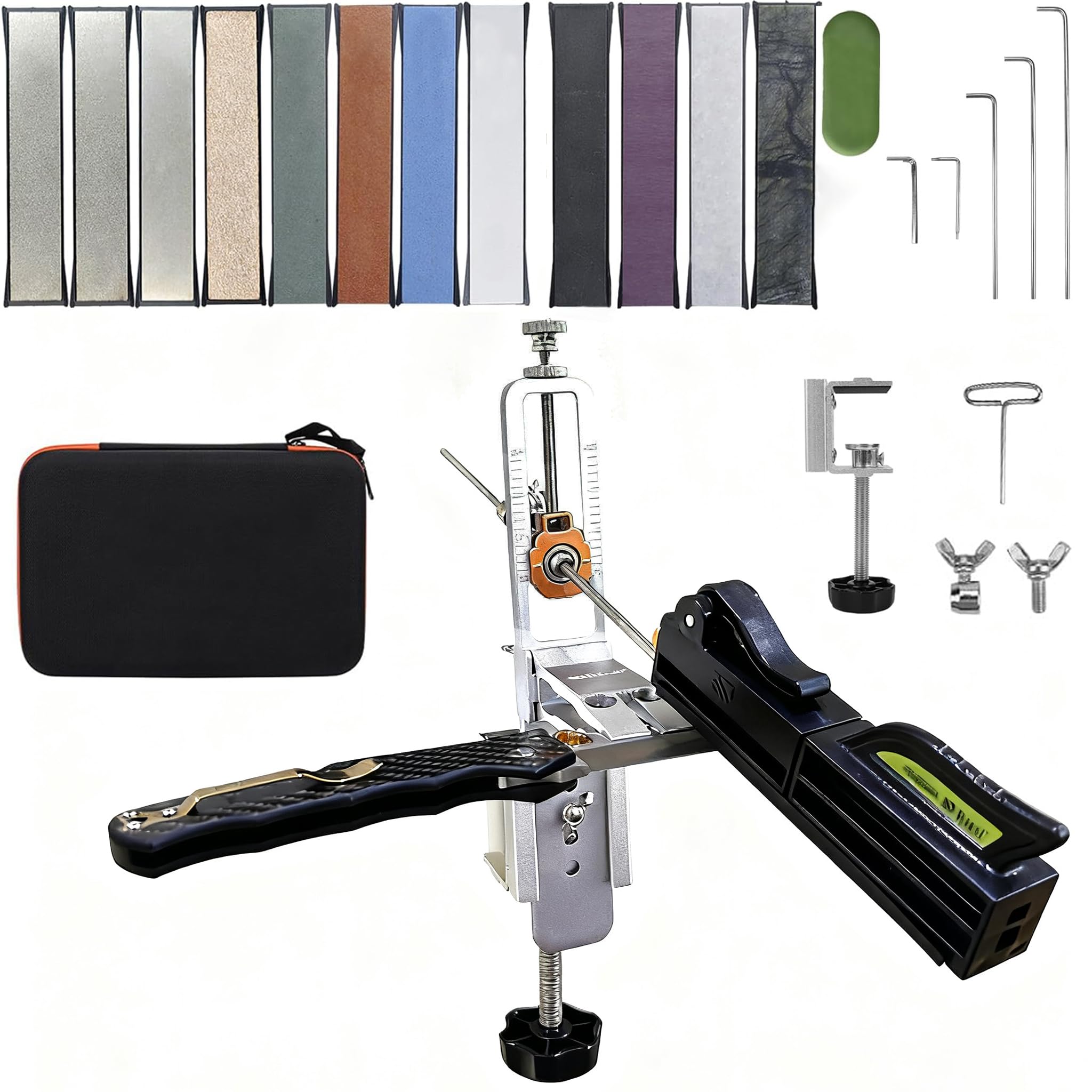 Affilacoltelli Professionale, Affilatore Coltelli Professionale 15-30° Angolo Regolabile, Sistema di Affilatura Coltello con 12 Pietre Abrasive, per Uso Interno Esterno, per Cucina Campeggio