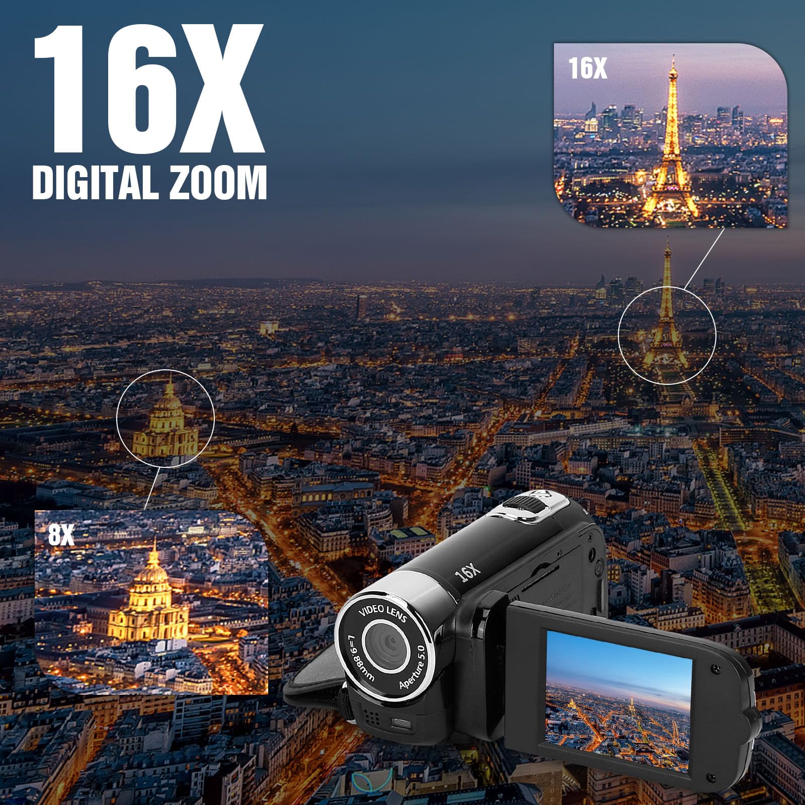 Zorpupoa Video Camera Camcorder, 1080P High Definition Digital Camcorder with Fill Light Selfie, Rechargeable 270°Rotation Camcorder Camera (Black)