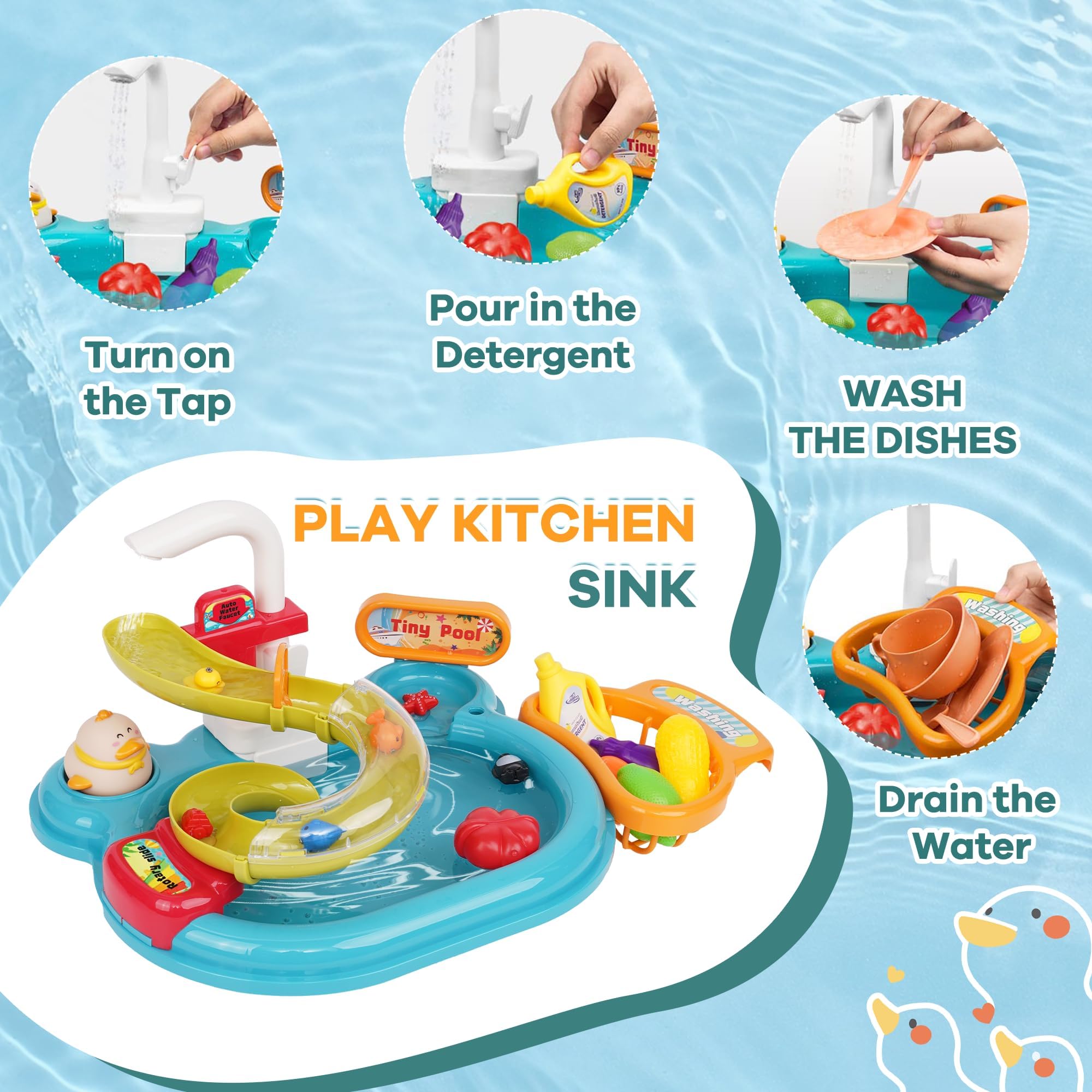 Giocattoli per lavello da Cucina per Bambini,Lavastoviglie Giocattolo Con Acqua Corrente, Rubinetti Automatici Accessori Stoviglie, Gioco Di Ruolo Lavello Set Regali Per Bambini 3+Anni