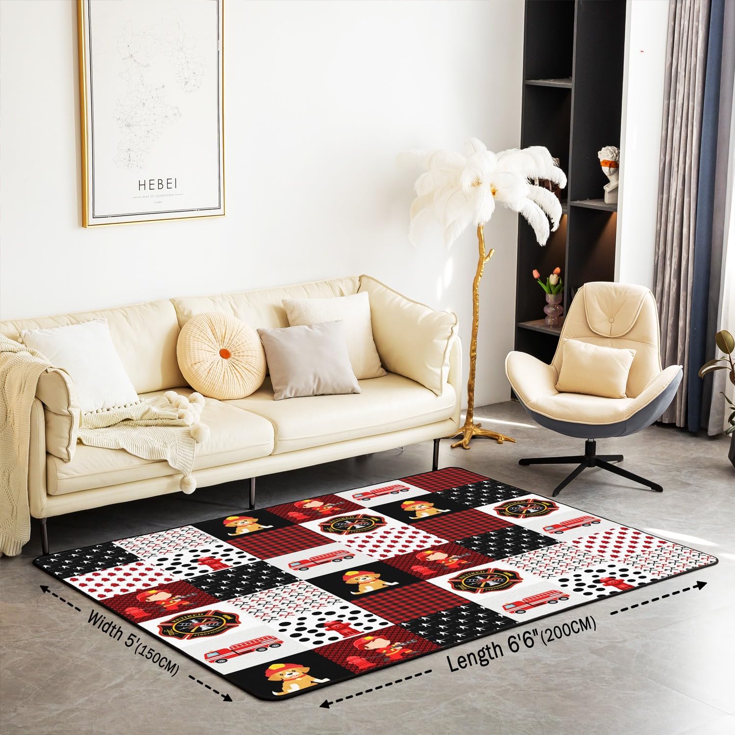 Fire Truck Decorative Carpet Red Cartoon Car Living Room Rugs for Kids Boys Girls Firefighter Indoor Floor Mat Firemen Car Vehicle Accent Rug Geometric Plaid Area Rug 5x7