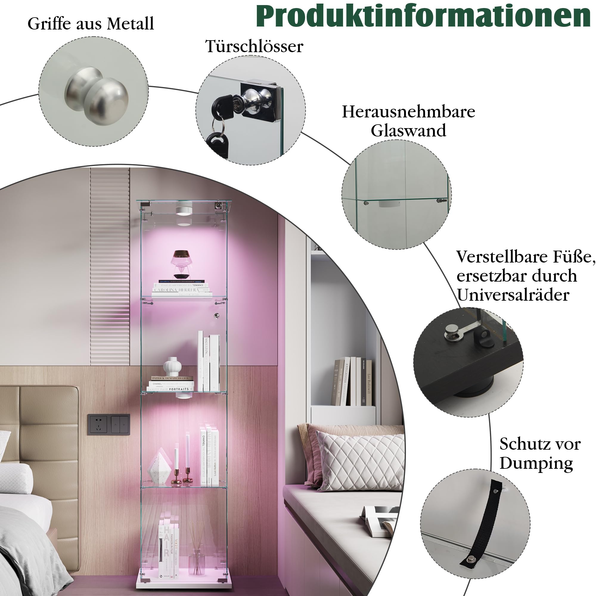 Vitrine aus Glas, 4 Schichten, Schrank mit Schloss, 163 x 35 x 39,8 cm, LED-Vitrine für Sammlung mit Möbel für Wohnzimmer