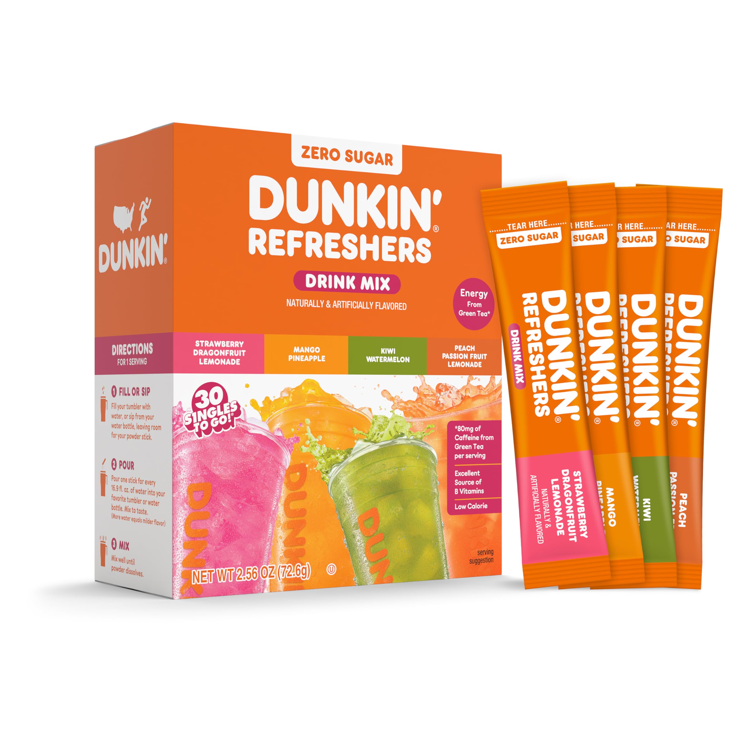 Dunkin’ Zero Sugar Refreshers Singles To Go! Powdered Drink Mix, 30 Ct Variety Pack, Energy from Green Tea, Aspartame-Free, Just Add Water, 30-Ct VP