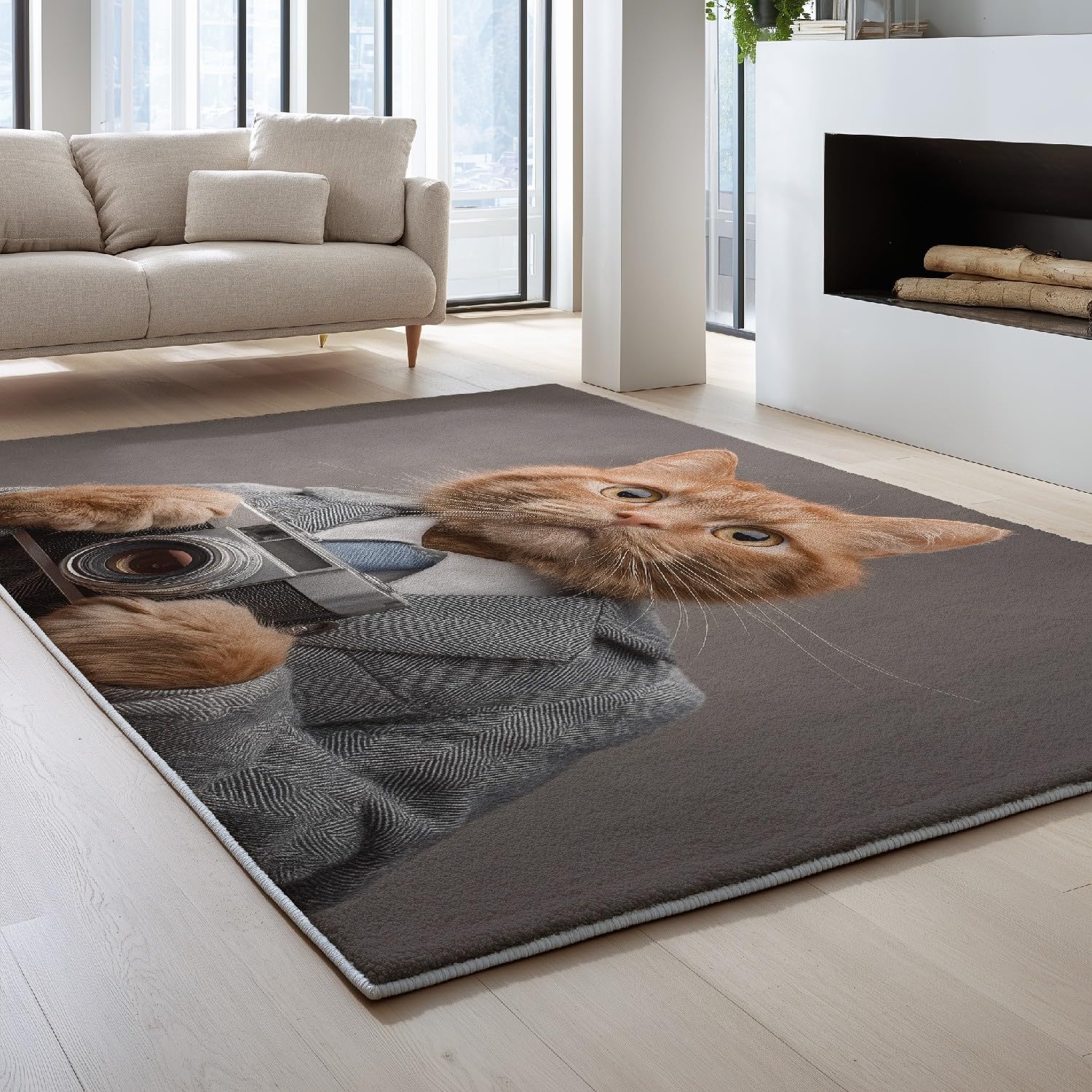 Nadaje się do prania i antypoślizgowy dywan do salonu, 150 x 180 cm, vintage, elegancki dywan do aparatu, kota, do salonu, miękki, antypoślizgowy, szary dywan z krótkim włosiem, do sypialni, jadalni