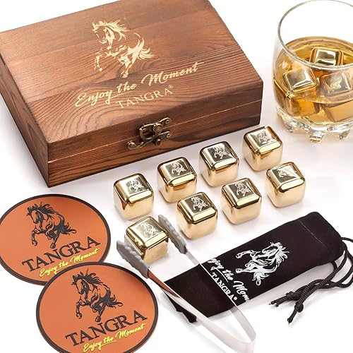 Juego de 8 cubitos de hielo dorados de acero inoxidable para whisky. Rocas refrescantes reutilizables en caja de madera, ideas para hombres, papá,