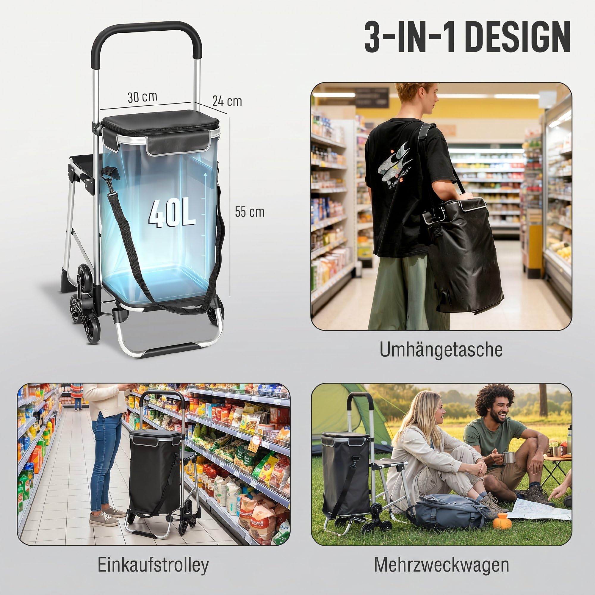 HOMCOM 3-in-1 Einkaufstrolley Klappbar mit Sitz 40L Kapazität Duneklgrau