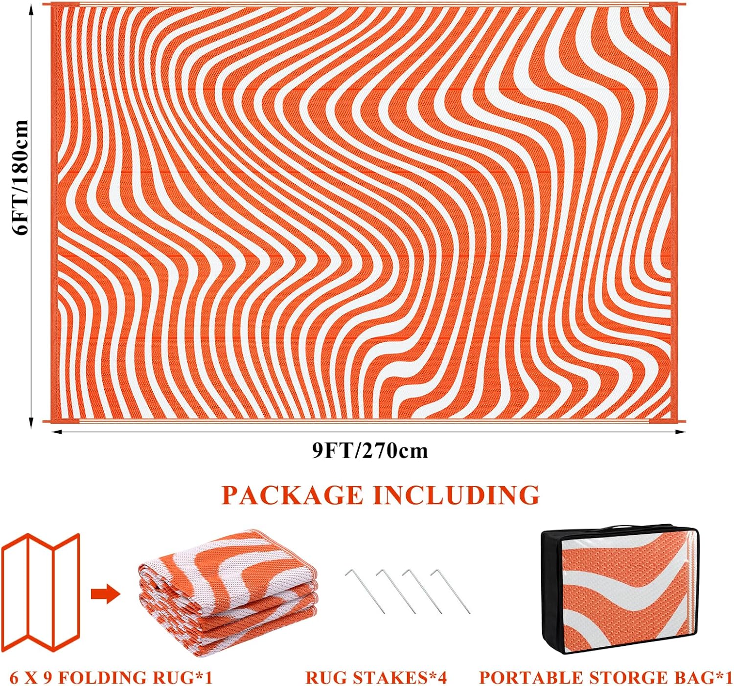 Vaukki Orange Wave Plastic Straw Outdoor Rug, Waterproof Reversible Weather Resistant 6x9 Area Mat, Fade Guard Outside Backyard Patio Porch Deck Balcony Floor Carpet