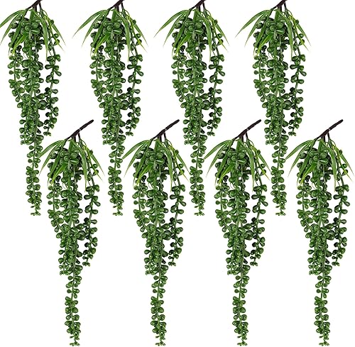 RECUTMS 8 plantas suculentas artificiales colgantes, cadena de perlas, plantas suculentas de imitación, drapeado vegetal, rama sin maceta, planta