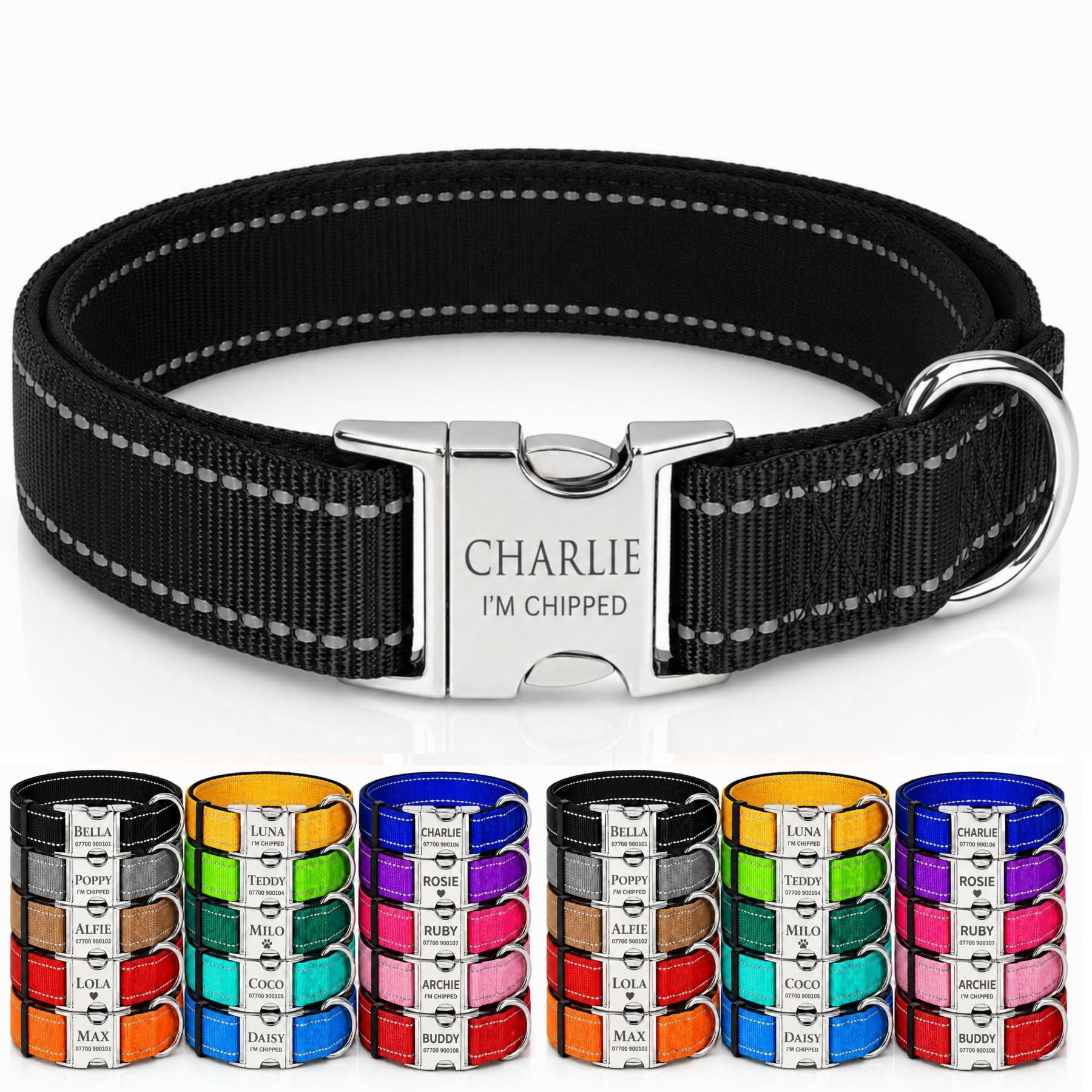 Personalised Nylon Pet Collar Custom Reflective Dog Collar Deeply Engraved In UK Name and Phone Number Adjustable Soft Collar Padded Collar For Small Medium Large Dogs Cats Sheep for Night Walking