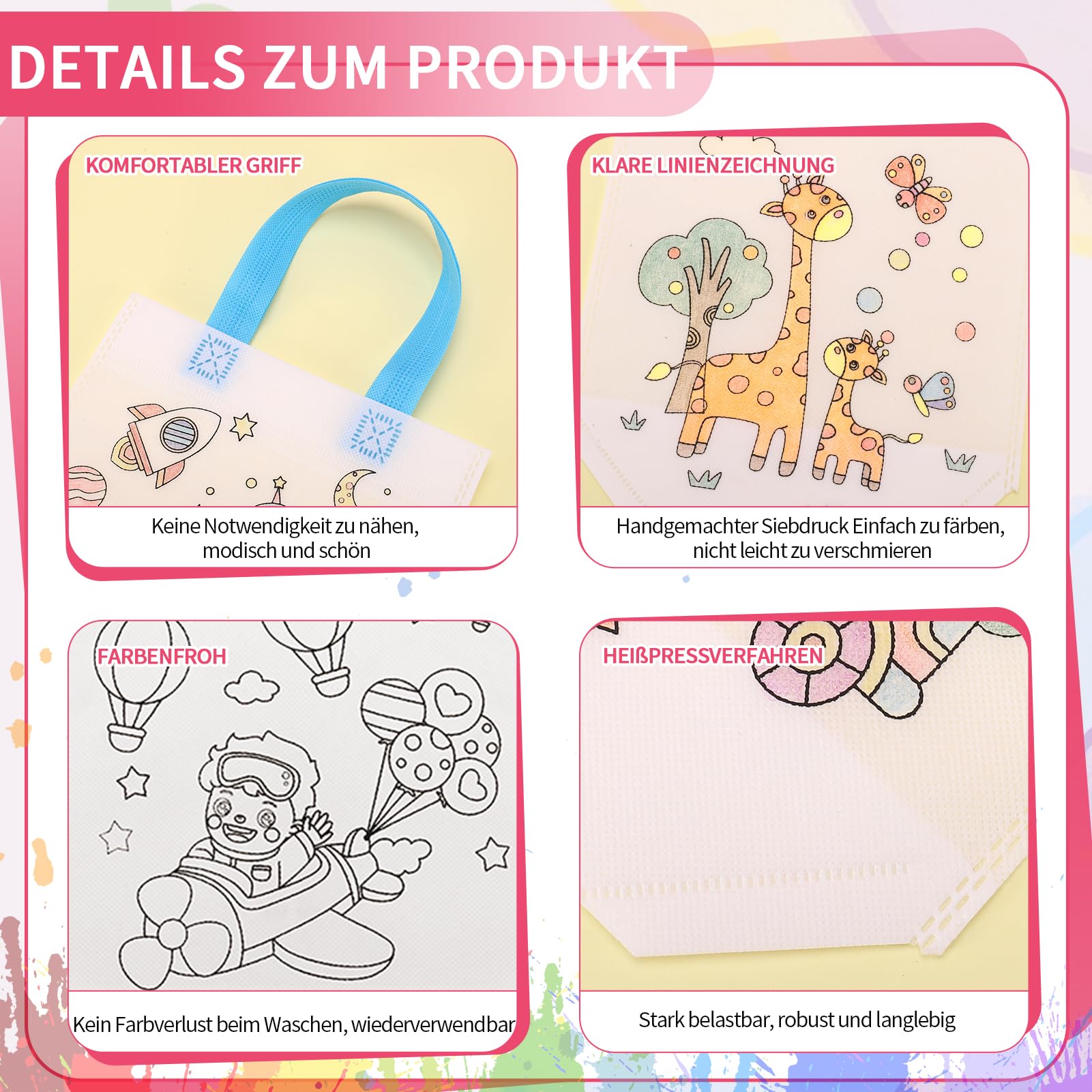 DIY Bastelset Stofftasche Bemalen – 18 Farben, Aufkleber & Bänder Für Kindergeburtstag