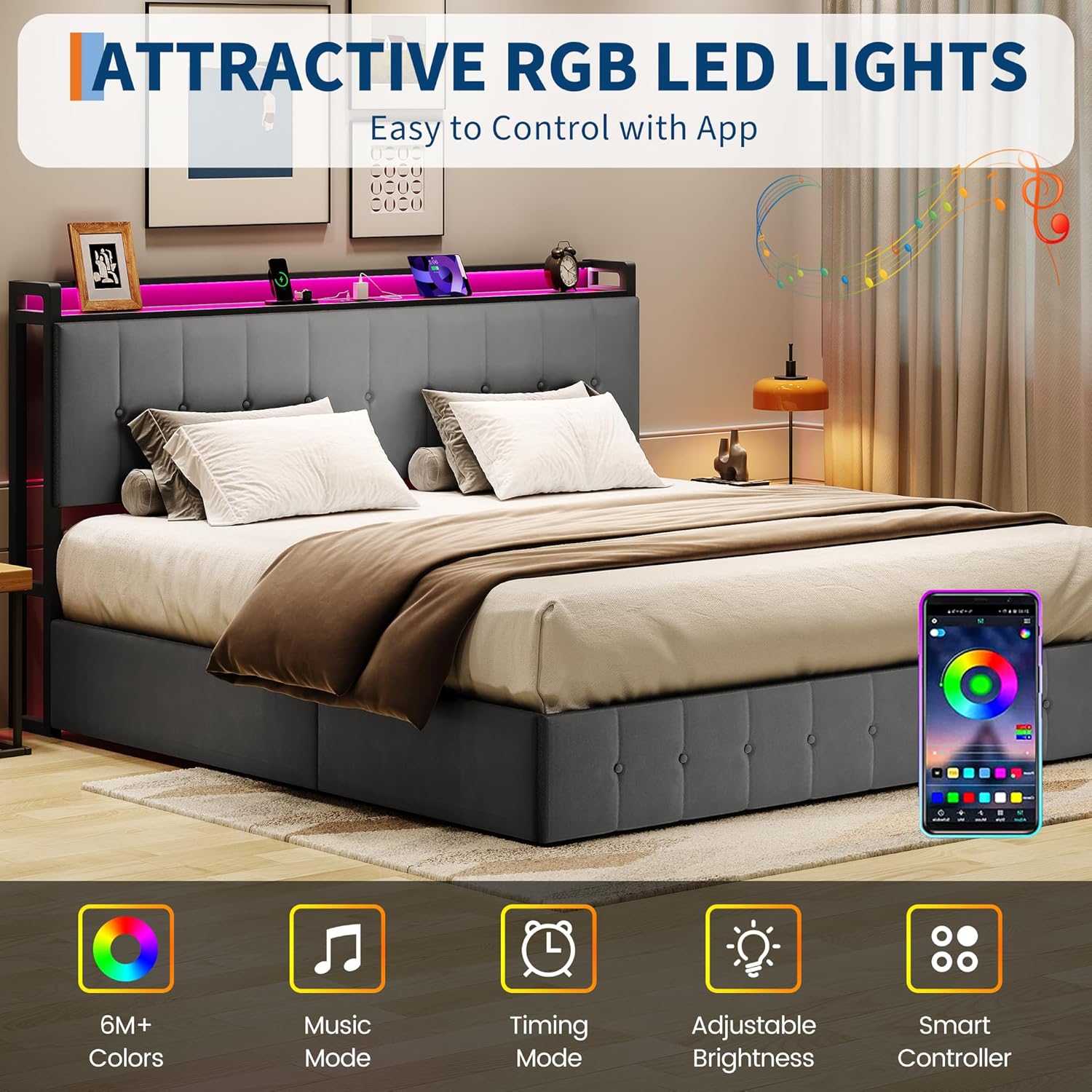 Garvee King Size Lift Up Storage Bed with LED Lights, Upholstered Velvet Bed Frame with Storage Headboard & Charging Station, Metal Platform Bed, No Box Spring Needed, Solid Wooden Slats, Grey