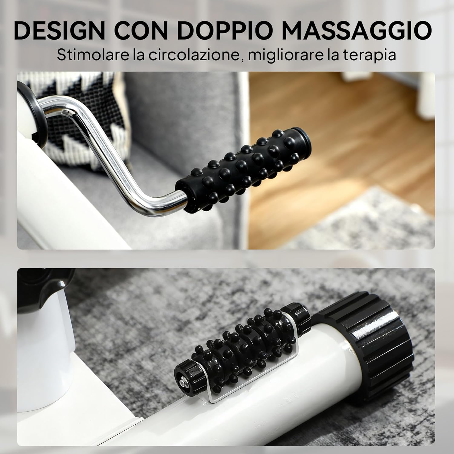 Close-up images showing the textured massaging grips on the handlebars and the massaging surface on the pedals of the SPORTNOW exerciser.