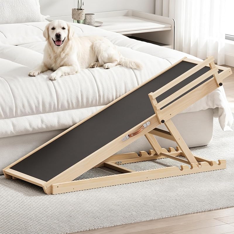 Dog Ramp for High Bed Couch, 55" Long Pet Steps for Any Sizes Dogs | 5 Heights 19.5"-27.4", Holds 250lbs, Foldable, 2 Safety Side Rails, Solid Wood, Anti-slip Yoga Mat, for Older/Injured Pets