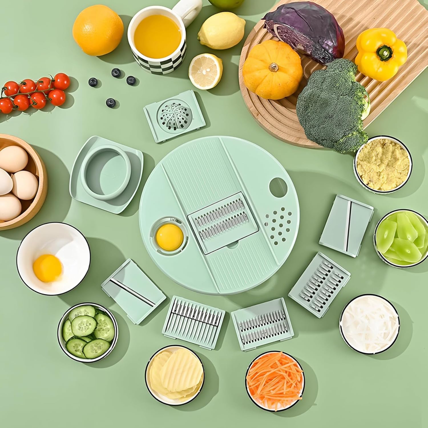 Airpro Salad Spinner Large, Vegetables Fruits Wash Spinner Bowl,Lettuce Spinner Dryer with 5 Blades,Egg Yolk Strainer Slicer Shredder for Kitchen Colander,Pasta and Fries Spinner-5.3 Qt（Green）