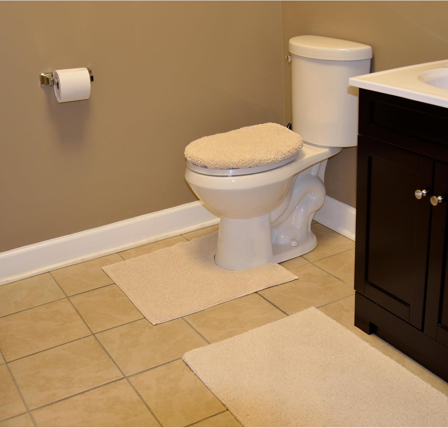 Garland Rug Queen Cotton Natural 3 Piece Set (Toilet Cover, Contour Rug, Bath Rug) Ultra Soft, Plush, Highly Absorbent, Machine Washable Shower & Bathroom Floor Towel, Non-Slip, Quick-Dry,