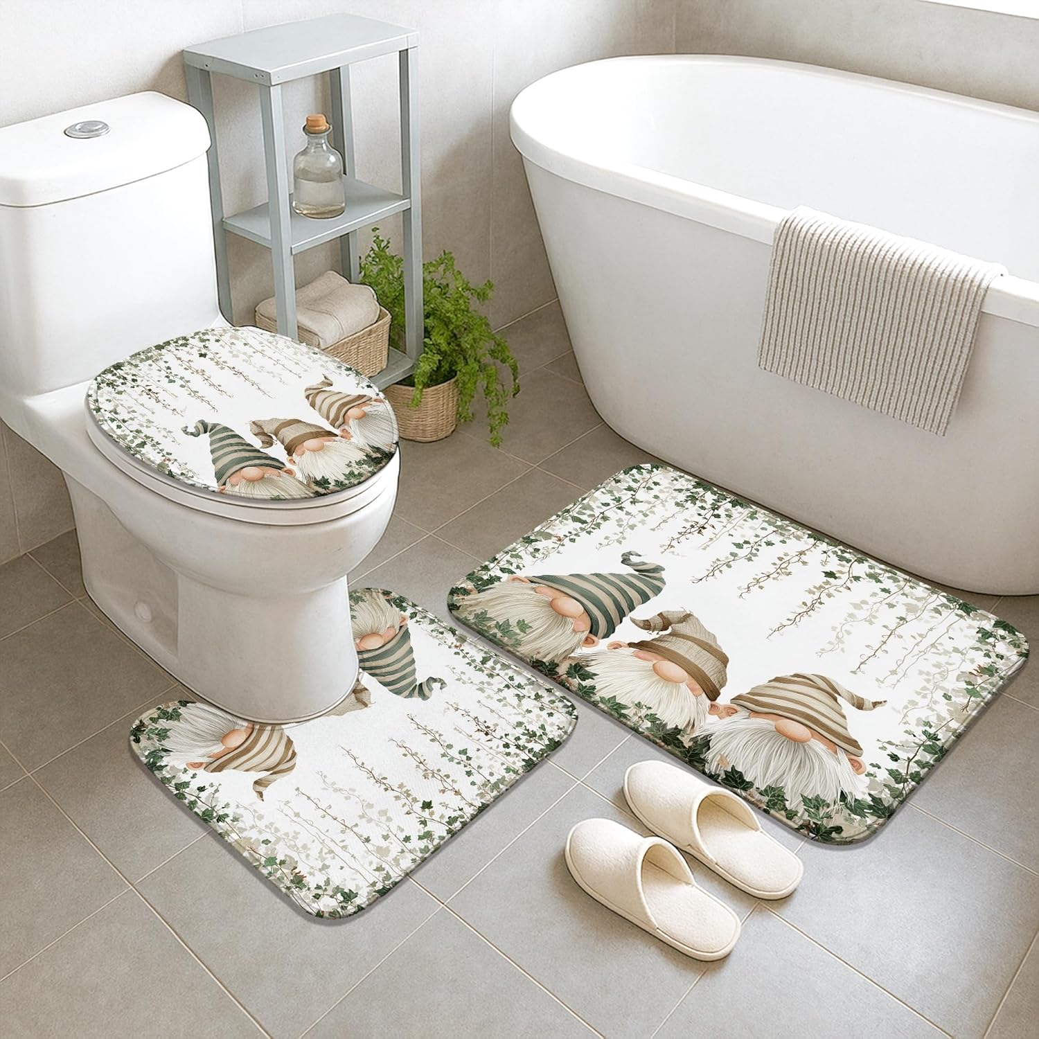 4Pcs Gnome Shower Curtain Set, Green Beige Cute Gnome Bath Mat Rugs Accessories for Bathroom Decor, Spring Modern White Waterproof Fabric Shower Curtain Set with Hooks 72x72 Inch