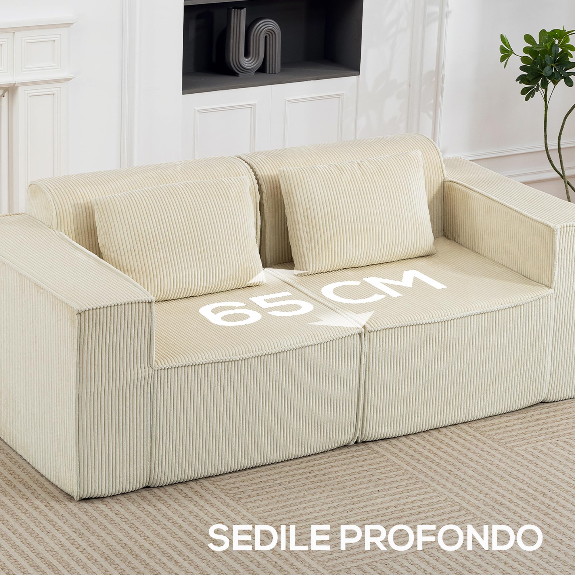 HOMCOM Divano 3 Posti Extra Profondo 65 cm Divanetto Modulare Beige | Senza Struttura, Imbottitura Spessa, Braccioli Larghi, 2 Cuscini, Sofà Moderno in Velluto a Coste, per Salotto e Soggiorno