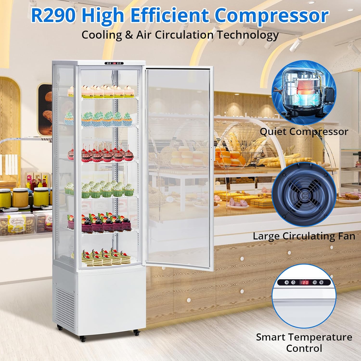 10.5 Cu.Ft. Floor-Standing Display Refrigerator, 308L Commercial Glass Door Cooler with LED Lighting & Adjustable PVC Shelves, Rolling Casters for Cafes, Bakeries, Supermarkets (White)