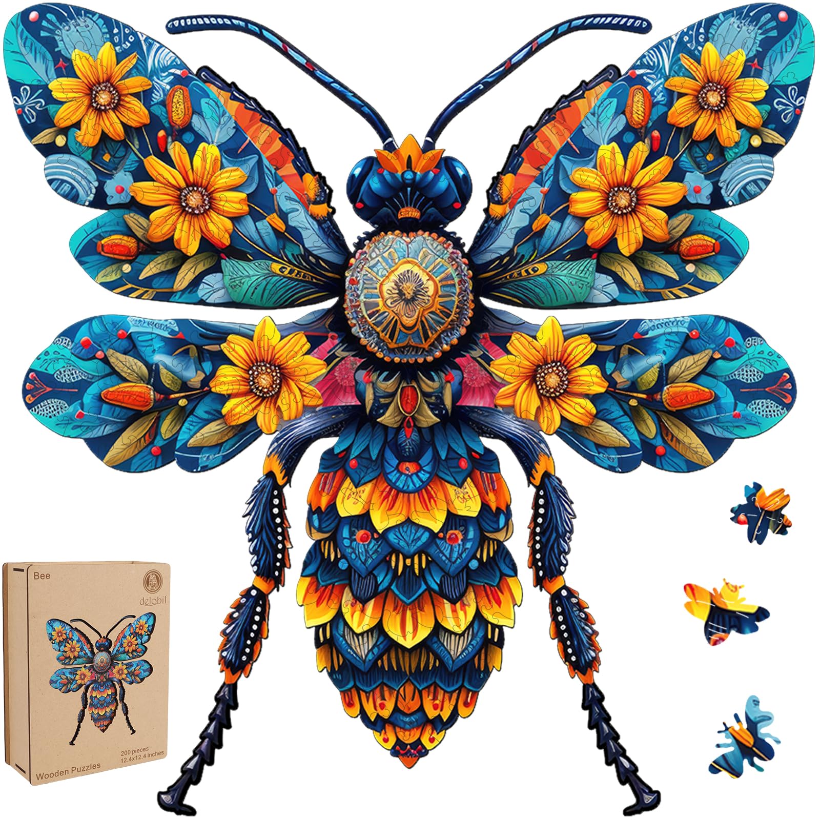 Delobil Wooden Puzzles for Adults, Bee Wooden Puzzles 200 Pieces, Unique Shaped Flowers Insects Jigsaw Puzzles, Birthday Creative Gifts Fun
