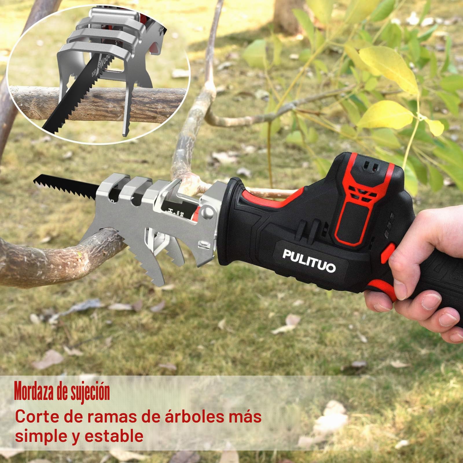 Sierra Sable Inalámbrica,PULITUO 12V Sierra Alternativa con velocidad variable 0-2700RPM,sierra recíproca kit,2.0Ah Batería&1h Cargador Rápido,4 Hojas de Sierra Para Cortar Madera y Metal