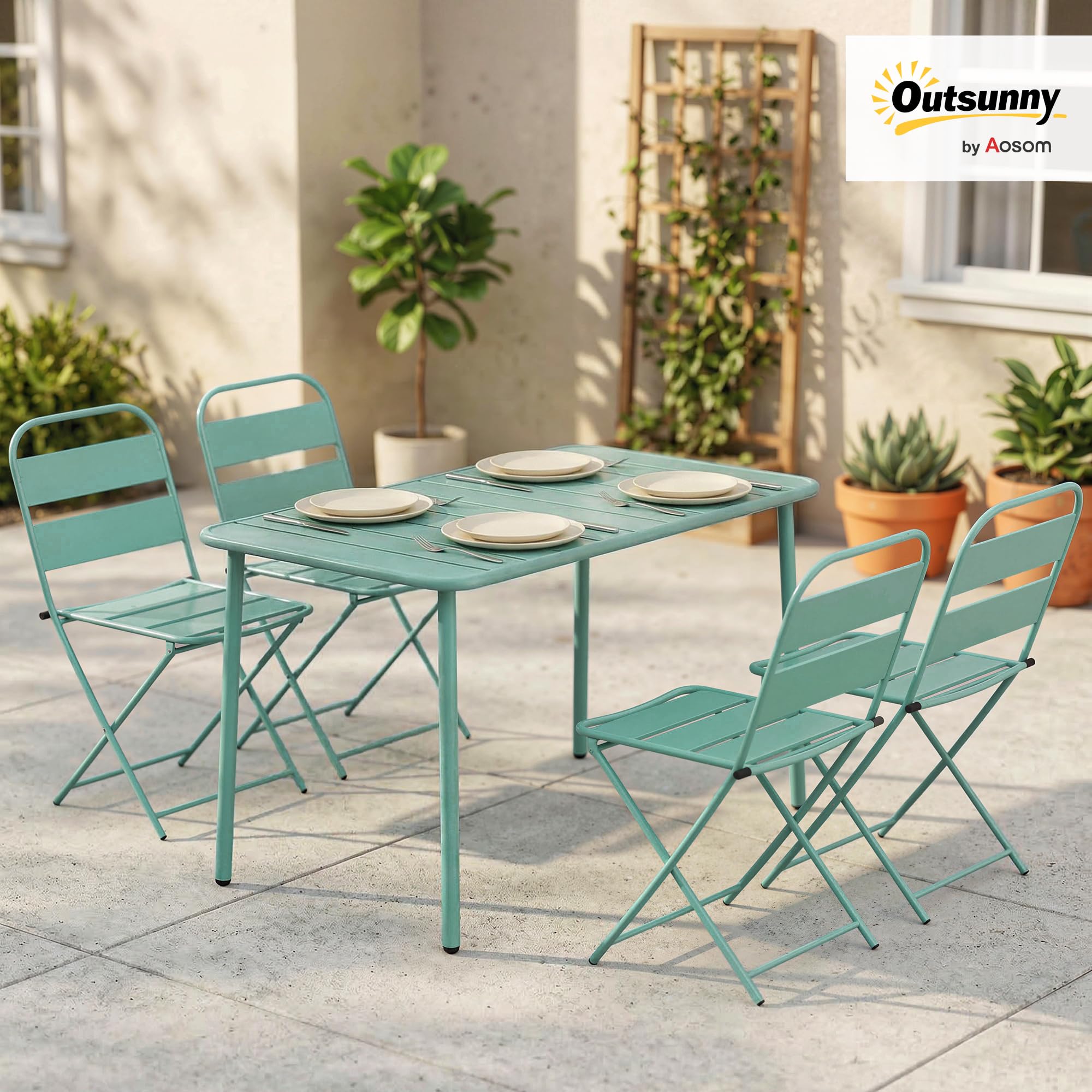Outsunny Ensemble de Salle à Manger Extérieur 5 Pièces, 4 Personnes, Plateau à Lattes, Chaises Pliantes, Cadre Antirouille, Vert Clair