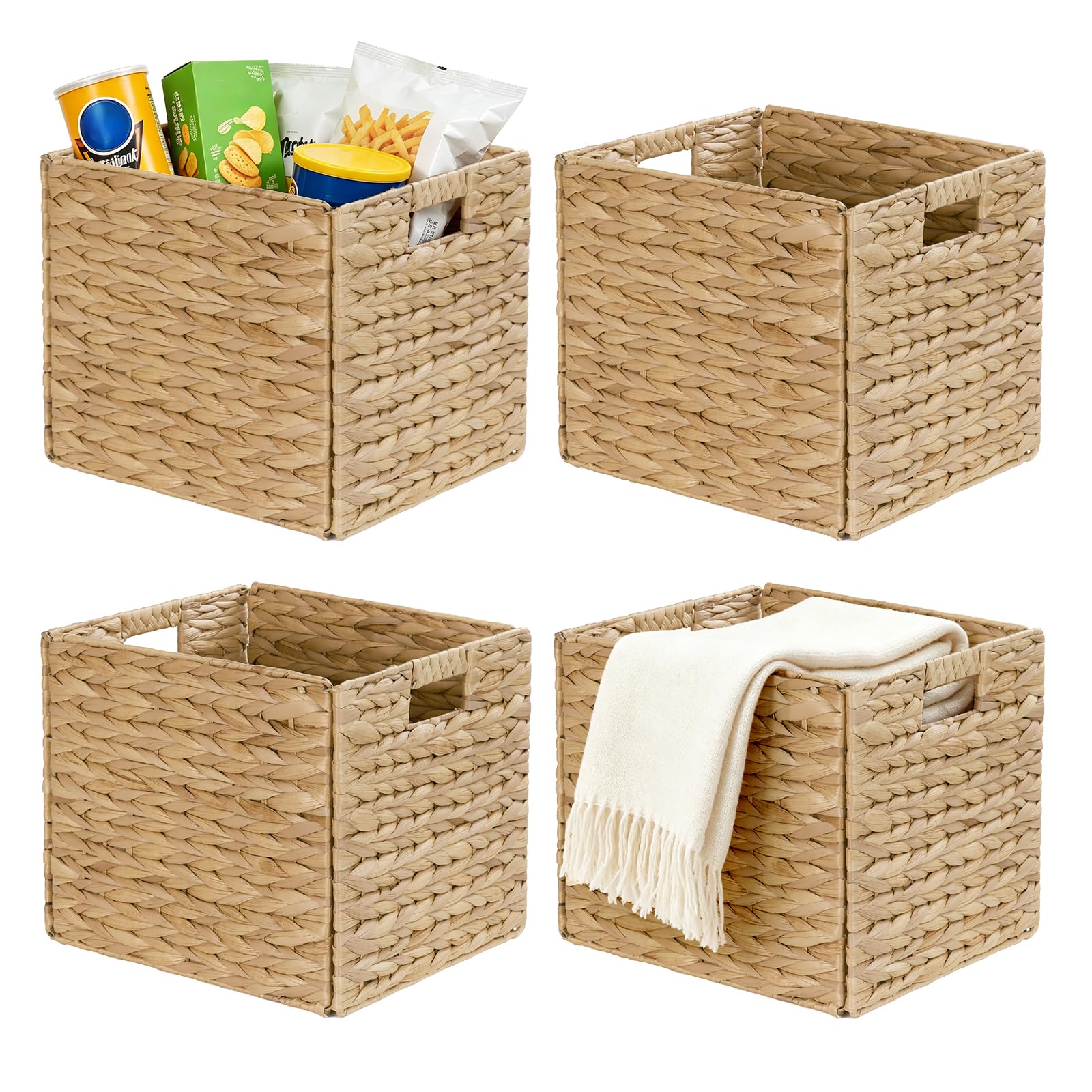 WEAVELYRICS Rectangular Storage Baskets 13x11in, 4 Pack Water Hyacinth Wicker Bins with Handles, Foldable Natural Organizer for Shelves Kitchen Closet, Handwoven Storage Cubes
