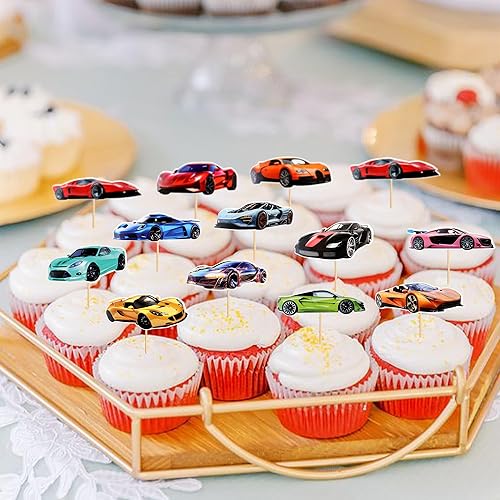 Vista 3 de 36 piezas de adornos para cupcakes de autos de carreras, decoración para fiesta de autos, suministros para cumpleaños, los suministros para fiestas