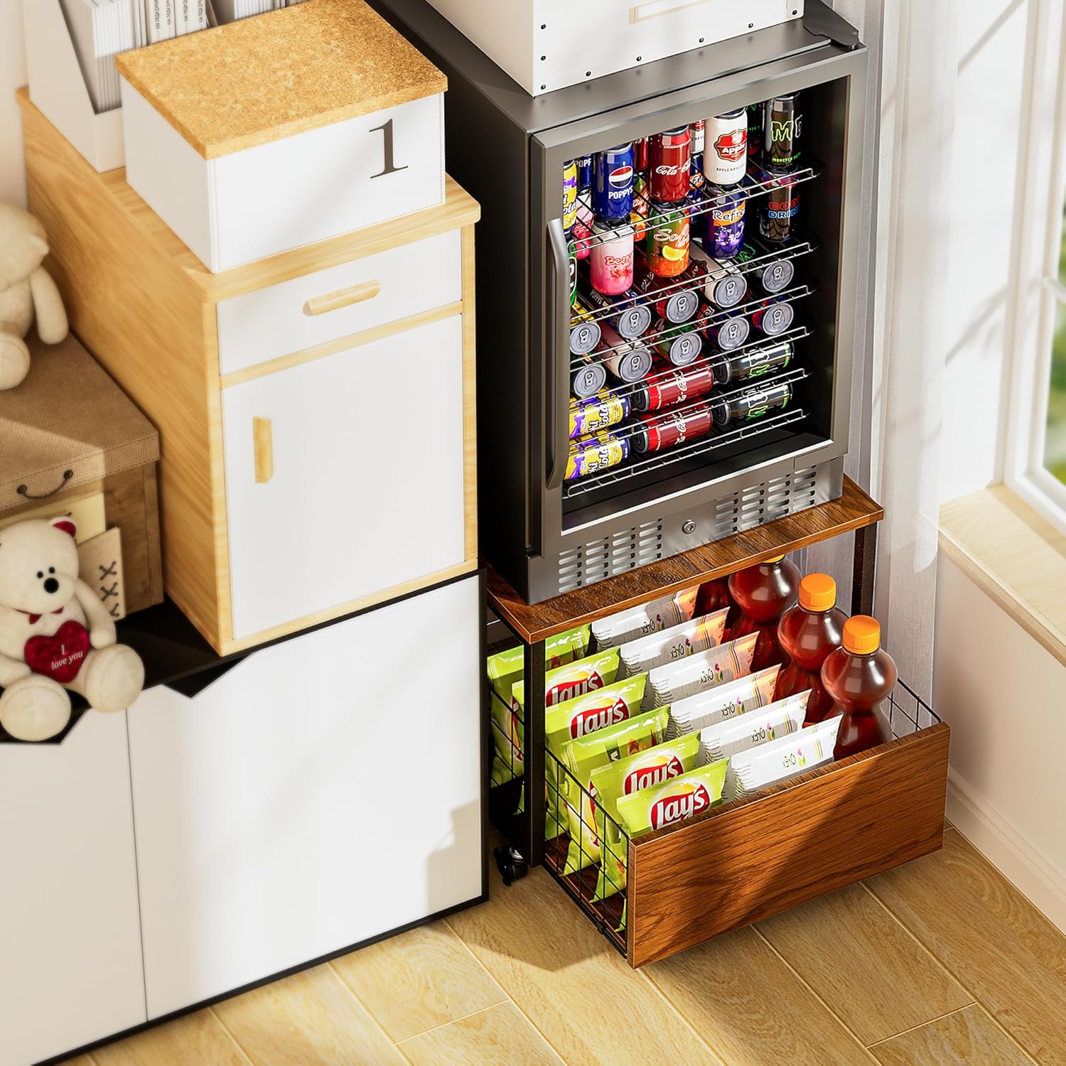 UNEEDE 19.7x19.7 Mini Fridge Stand with Mobile Storage, Mini Fridge Organizer, Beverage Fridge Table for Home,Office,Dorm(Modern)