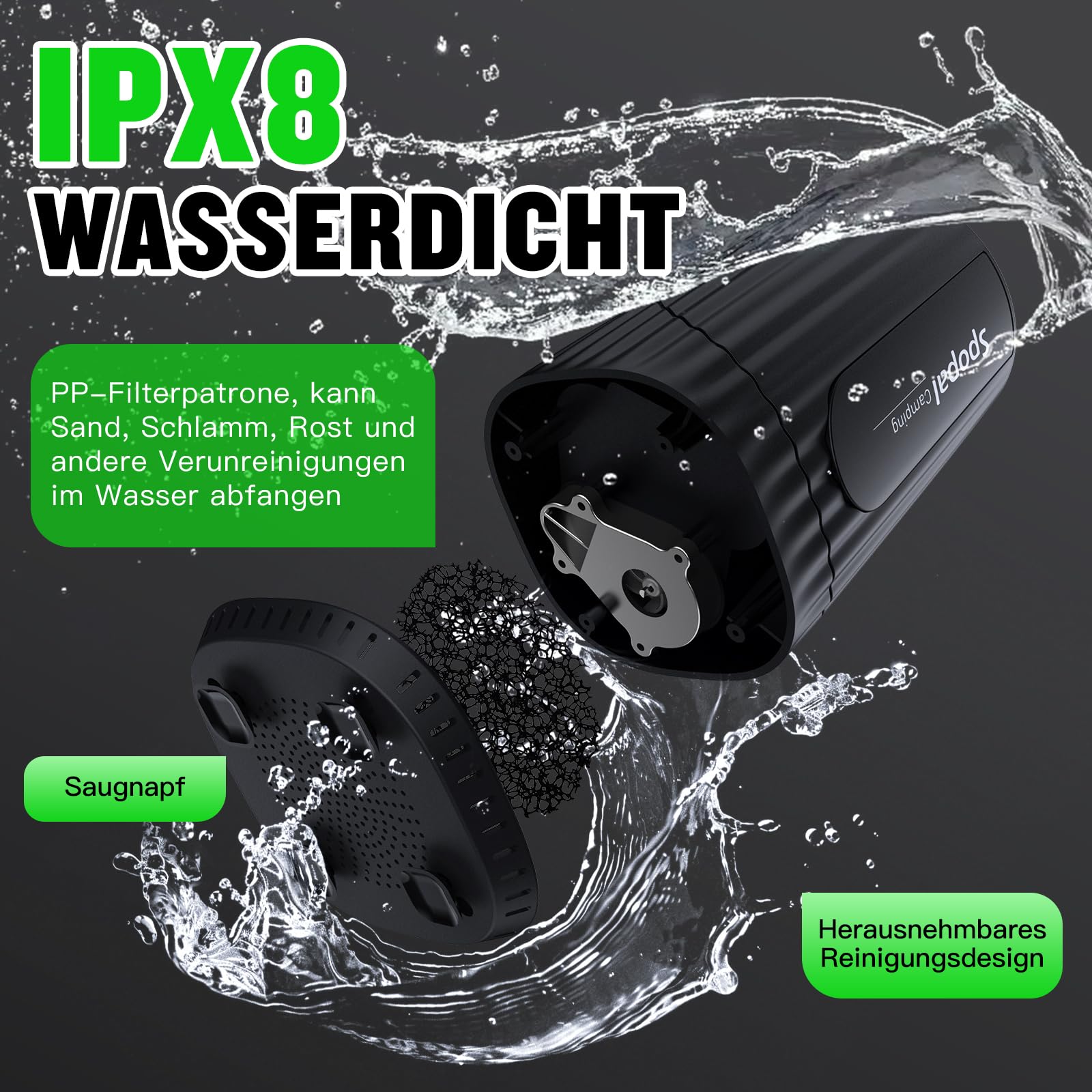 Spopal Camping Dusche, [10000mAh] Campingdusche Tragbare mit 20L Klappbarer Eimer, Camping Dusche Akku, Camping Dusche Outdoor Set mit Duschkopf und 2m Schlauch für Garten, Strand, Autowaschen, Hausti