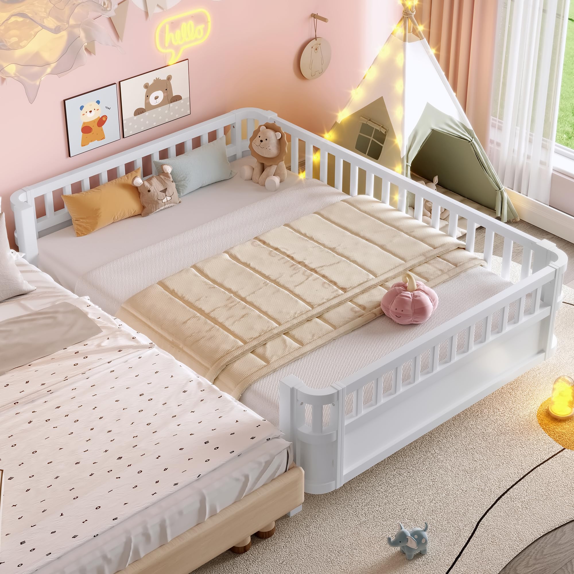 Full Size Montessori Bed with Fence and Slats, Full Size Low Platform Bed Frame with Detachable Side Bed Rails and Rounded Corner Design, Easy Assemble Montessori Bed White