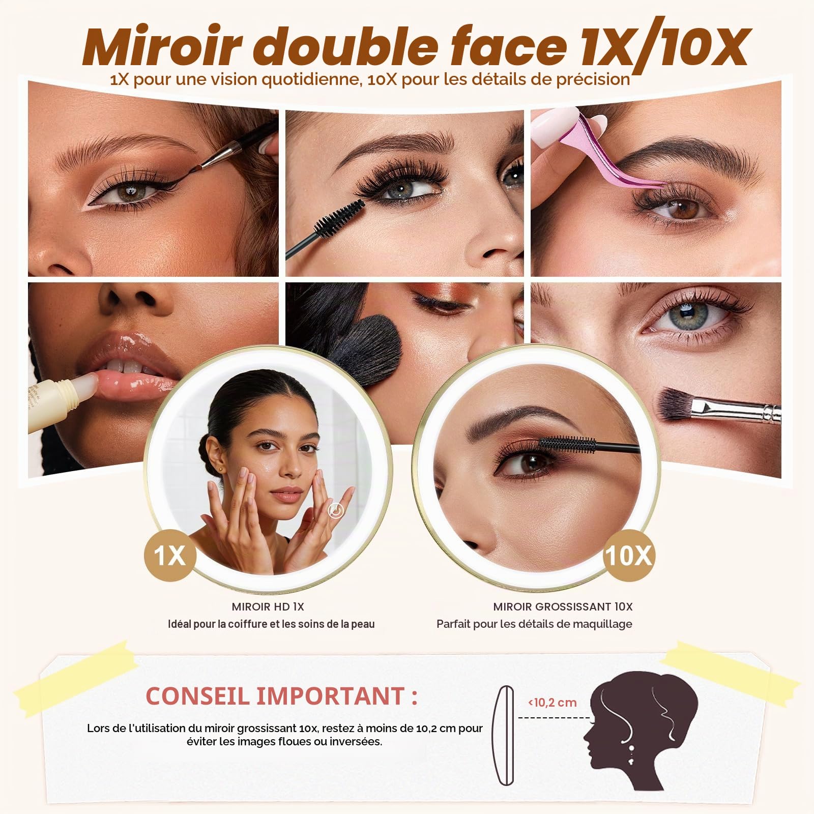 Matekxy Miroir de maquillage lumineux 20,3 cm avec grossissement – Miroir de bureau x1/10 LED rechargeables 3 couleurs laiton doré