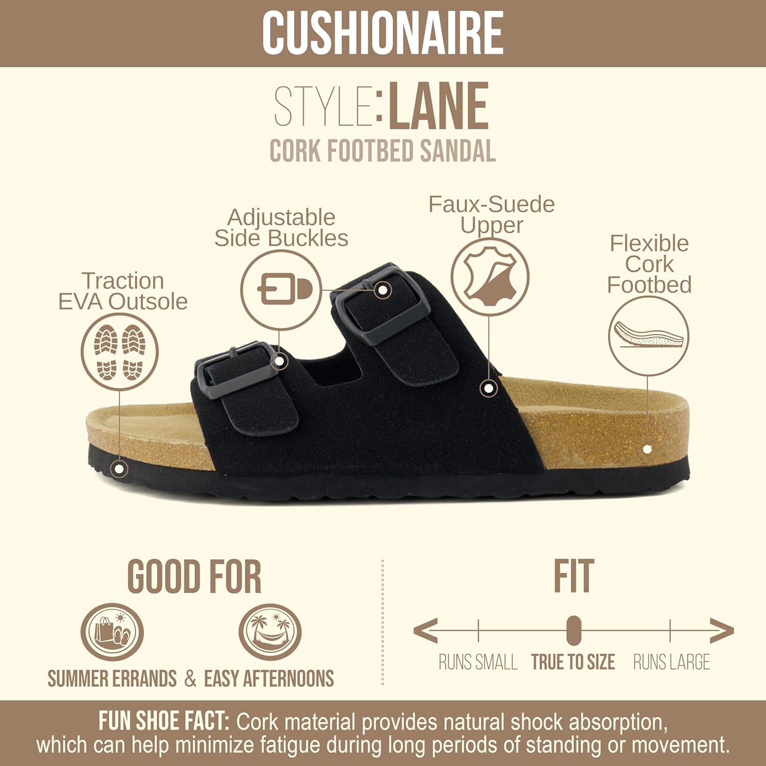 CUSHIONAIRE Lane Cork Footbed Sandals for Women – Comfortable Double Buckle Slip-On with Genuine Suede Footbed & Arch Support Slides for Women Footwear thumbnail