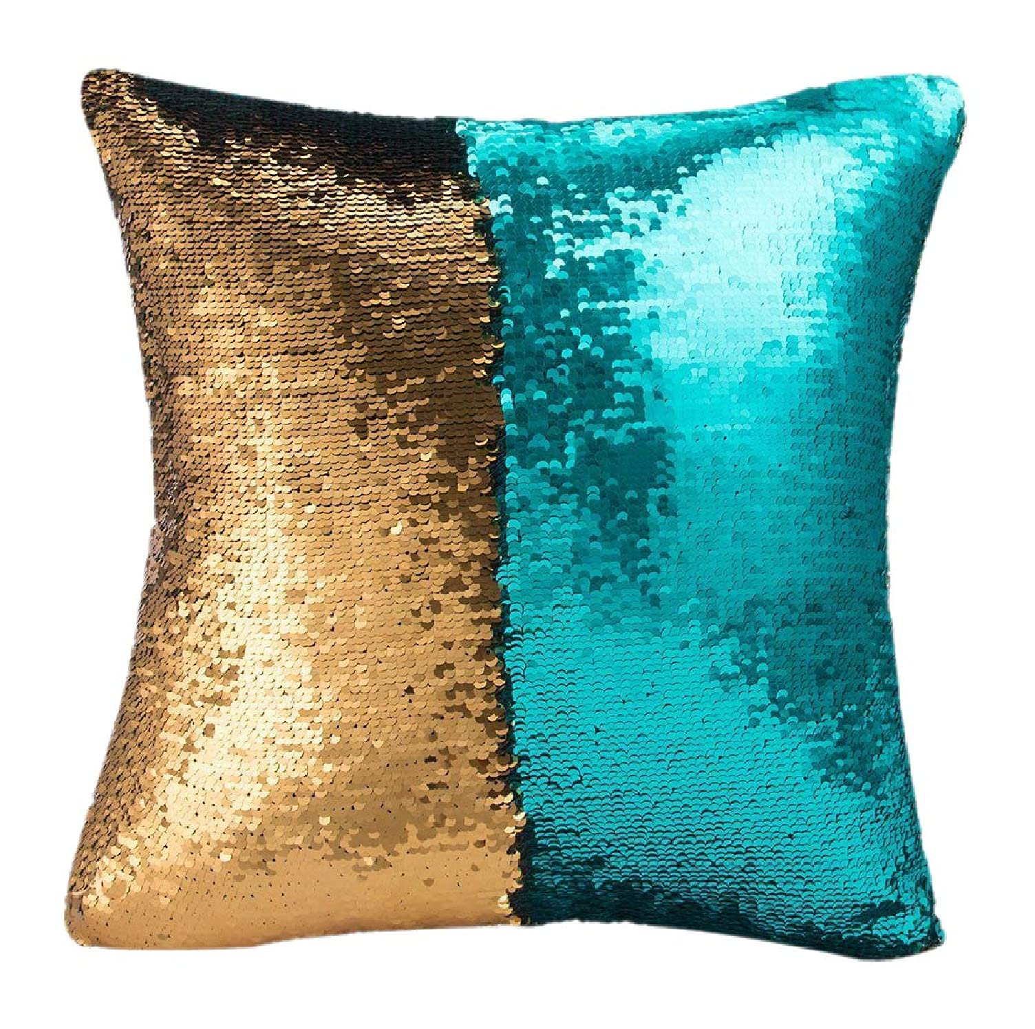 FYUGO Cotton Mermaid Pillow Sequin Cushion Cover With Magical Color Changing Reversible Design (16X16 Inches) (Frozy Golden 1)