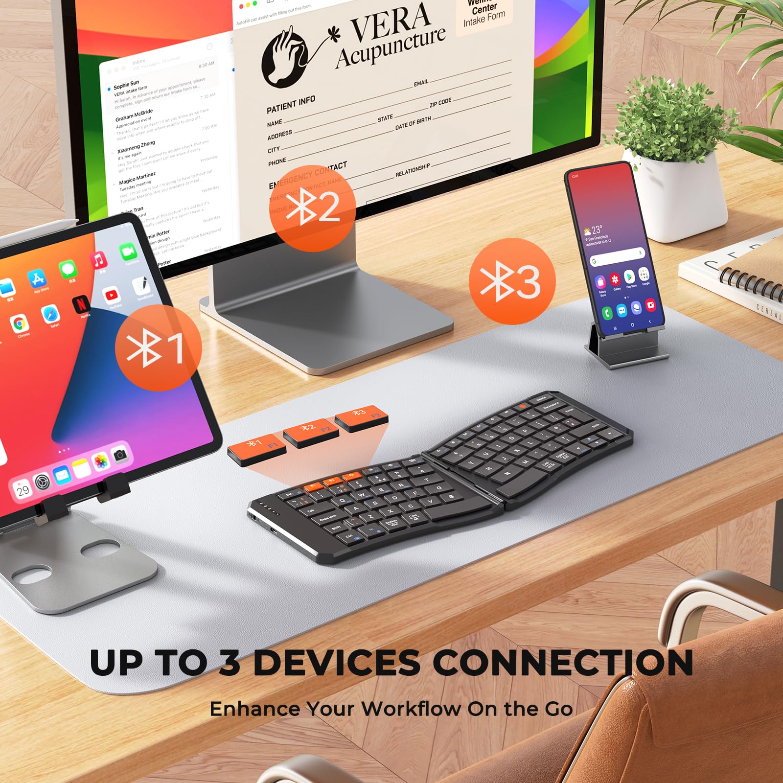 MEETION Tastiera Bluetooth pieghevole ergonomica, compatta, portatile, senza fili, per viaggi d'affari, ricaricabile, per PC, smartphone, iOS, Android, Windows, Mac, colore nero