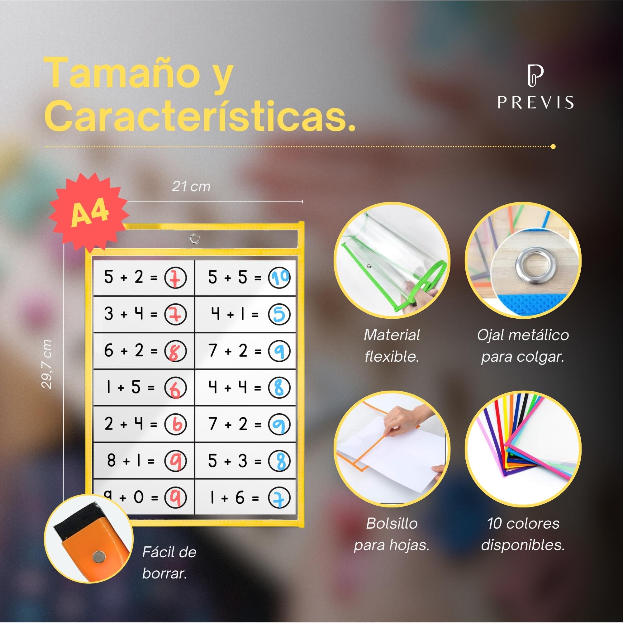PREVIS Fundas Borrables A4 Tamaño Folio - 10 Unidades + 6 Rotuladores con Borrador