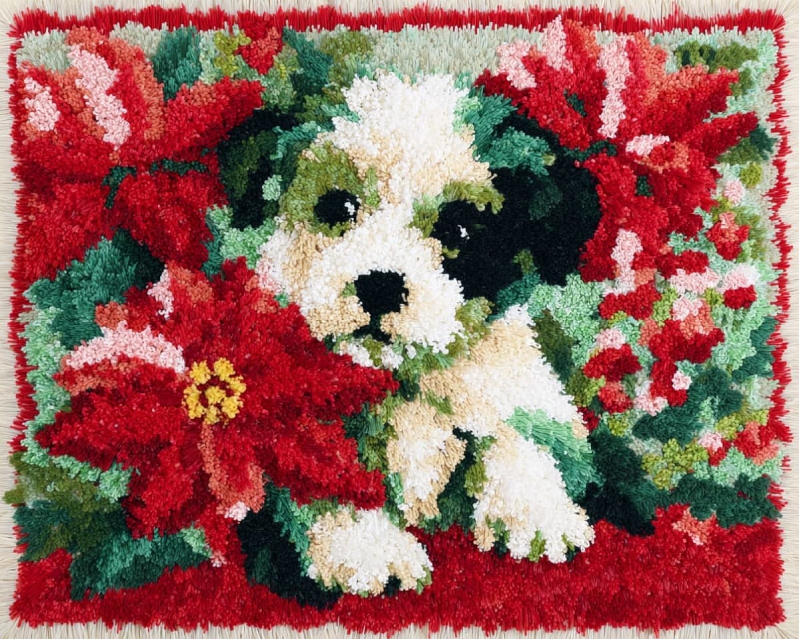 Wallphantom DIY Latch Hook Rug Kit,Christmas Flowers and Puppies,Latch Hook Kits for Adults,Home Carpet Rug Making,Needlework Crafts Rug for Home Decor,60x90cm
