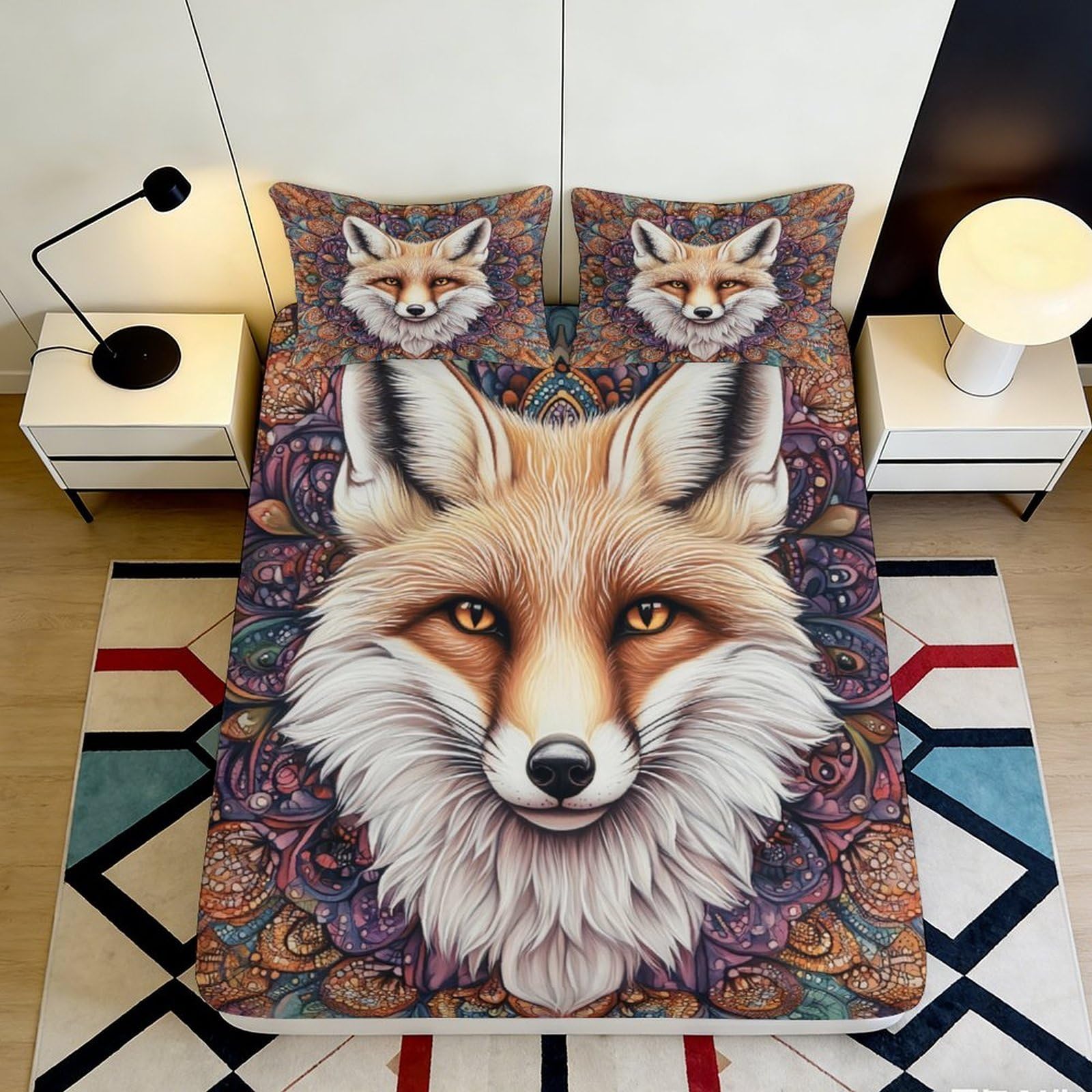 3D Printed Fox Forest Fitted Sheet Microfiber Anti-Slip Animal Pattern Mattress Cover for Bedroom Dorm Easy Care 90x200x25cm