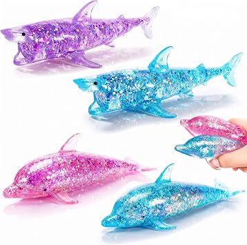 4 Pack Glitter Shark Sugar Stress Ball, Soft Dolphin Stress Relief Toy
