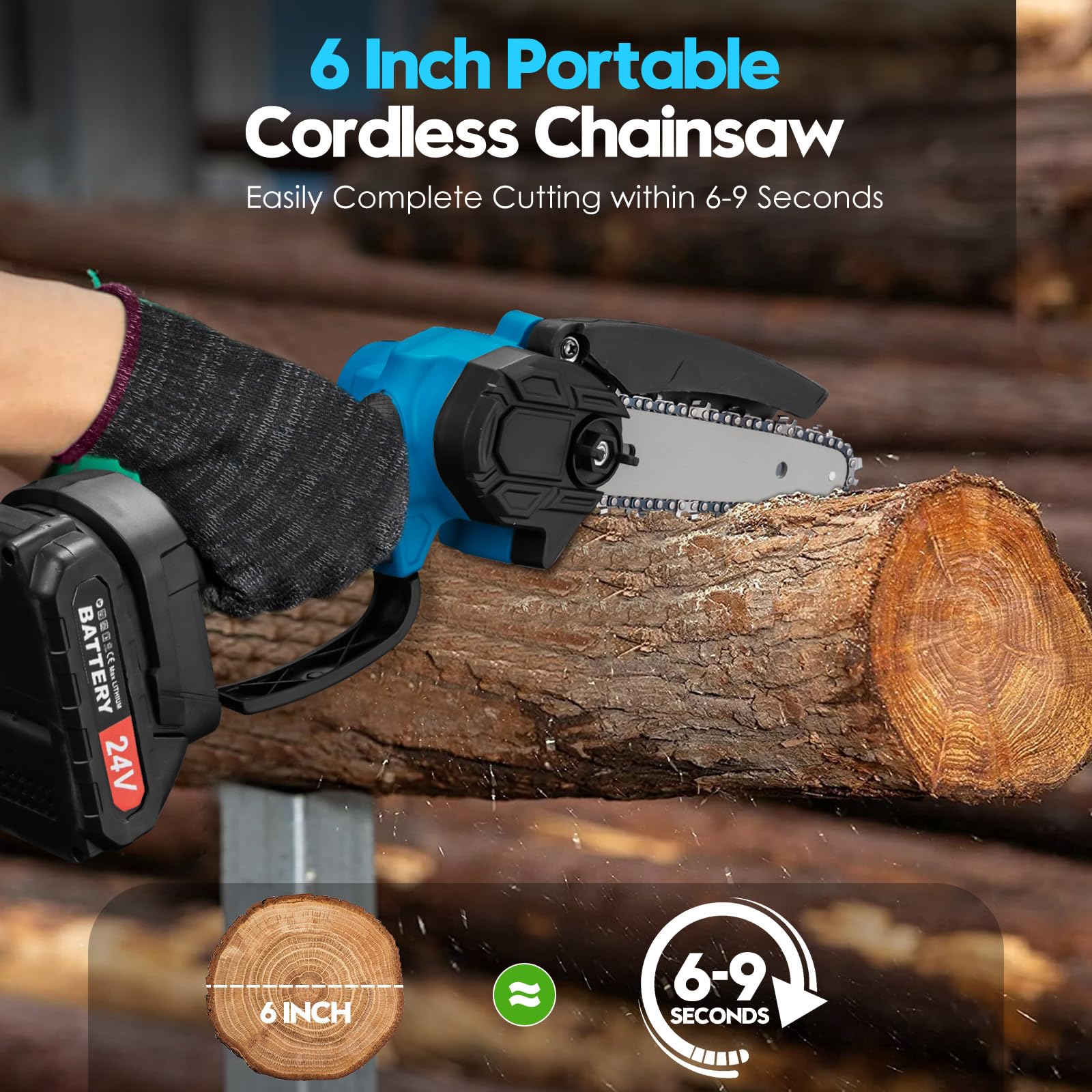 Mini Kettensäge mit Akku, 6 Zoll Akku kettensäge, Elektrische Handkettensäge, mit Sicherheitsschloss und Ketten, für Garten, Astschere, Holzschneiden