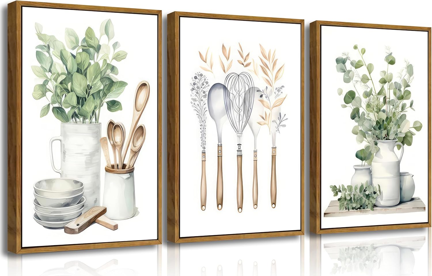 Boho Farmhouse Kitchen Canvas Wall Art Sage Green Plants Painting Pictures Dining Room Wall Decor Eucalyptus Leaves Green Botanical Poster Print Artwork for Farmhouse Kitchen Home Decoration