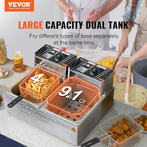 Miniatura 2 de VEVOR Freidora eléctrica comercial, freidora eléctrica de gran capacidad de 24 litros con doble cesta extraíble, freidora doble de acero inoxidable