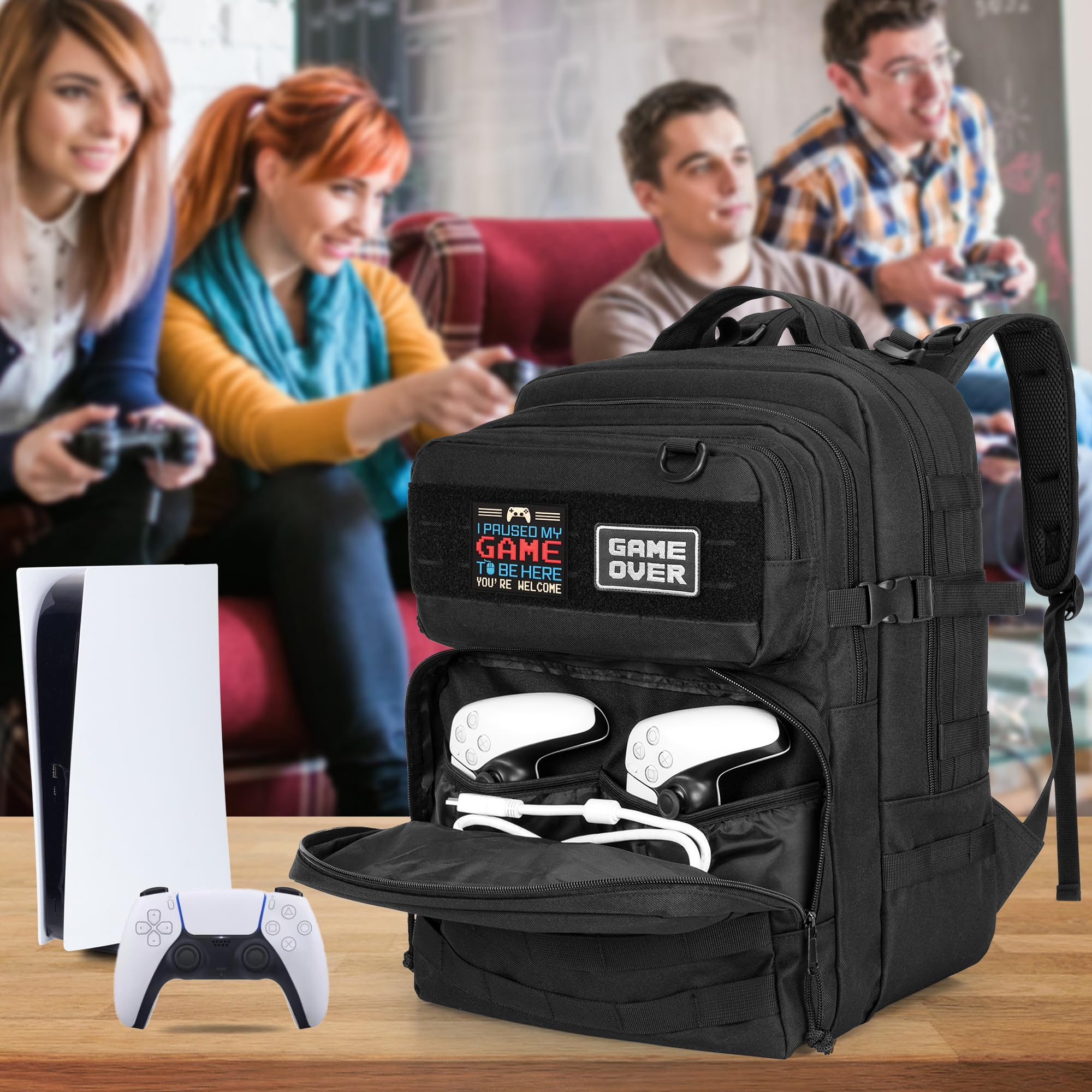 PGmoon Tactical Game plecak kompatybilny z konsolą PS5/PS5 Slim / PS4, podróżna torba do przenoszenia, torba do przechowywania laptopa 15,6", przenośnego monitora, kontrolera, zestawu słuchawkowego i