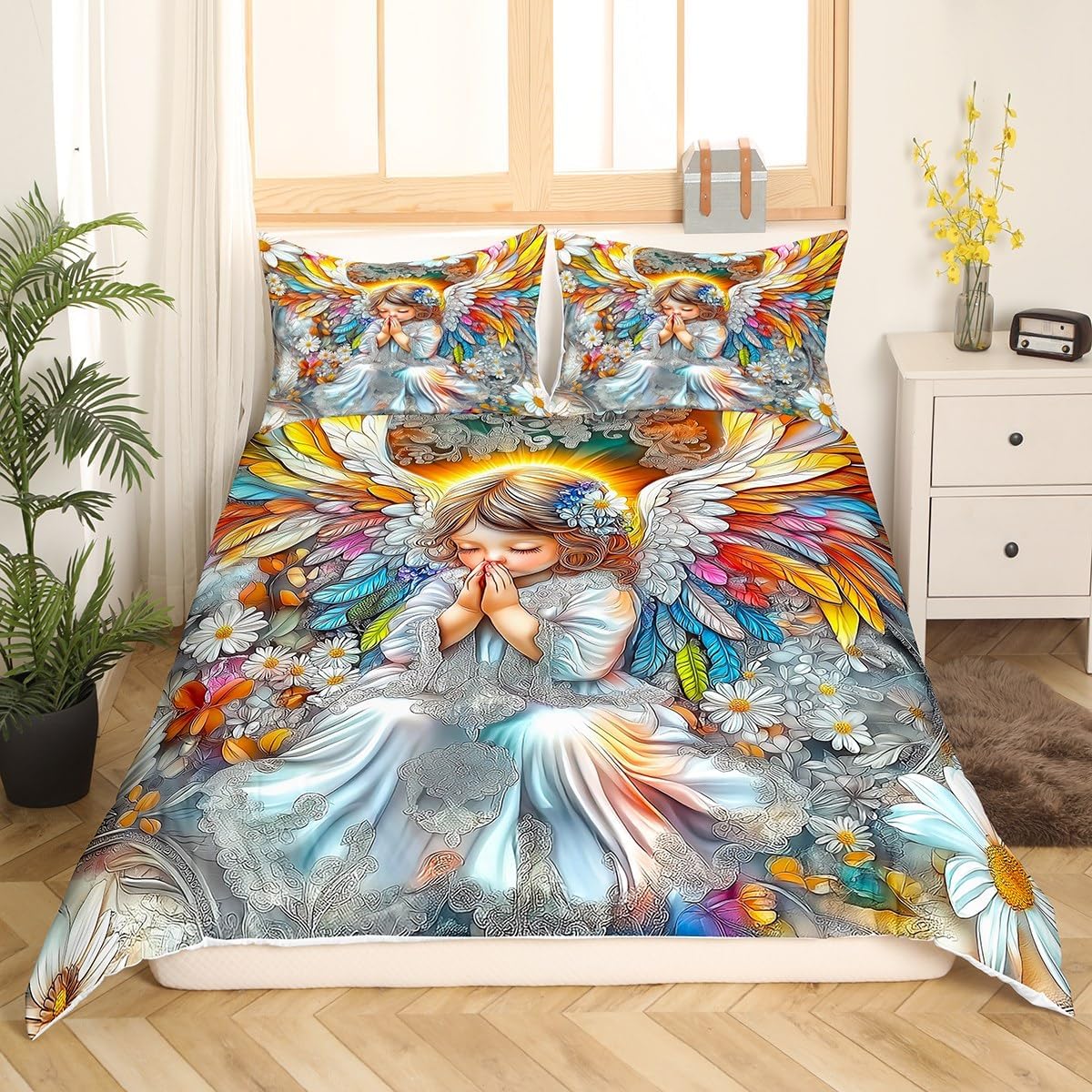 Erosebridal Bohemian Angel Baby Duvet Cover 2 Piece Rainbow Angel Wings Comforter Cover Toddler Vintage Angel Bedding Set Magic Fairy Floral Quilt Cover Fantasy Daisy Flowers Decor