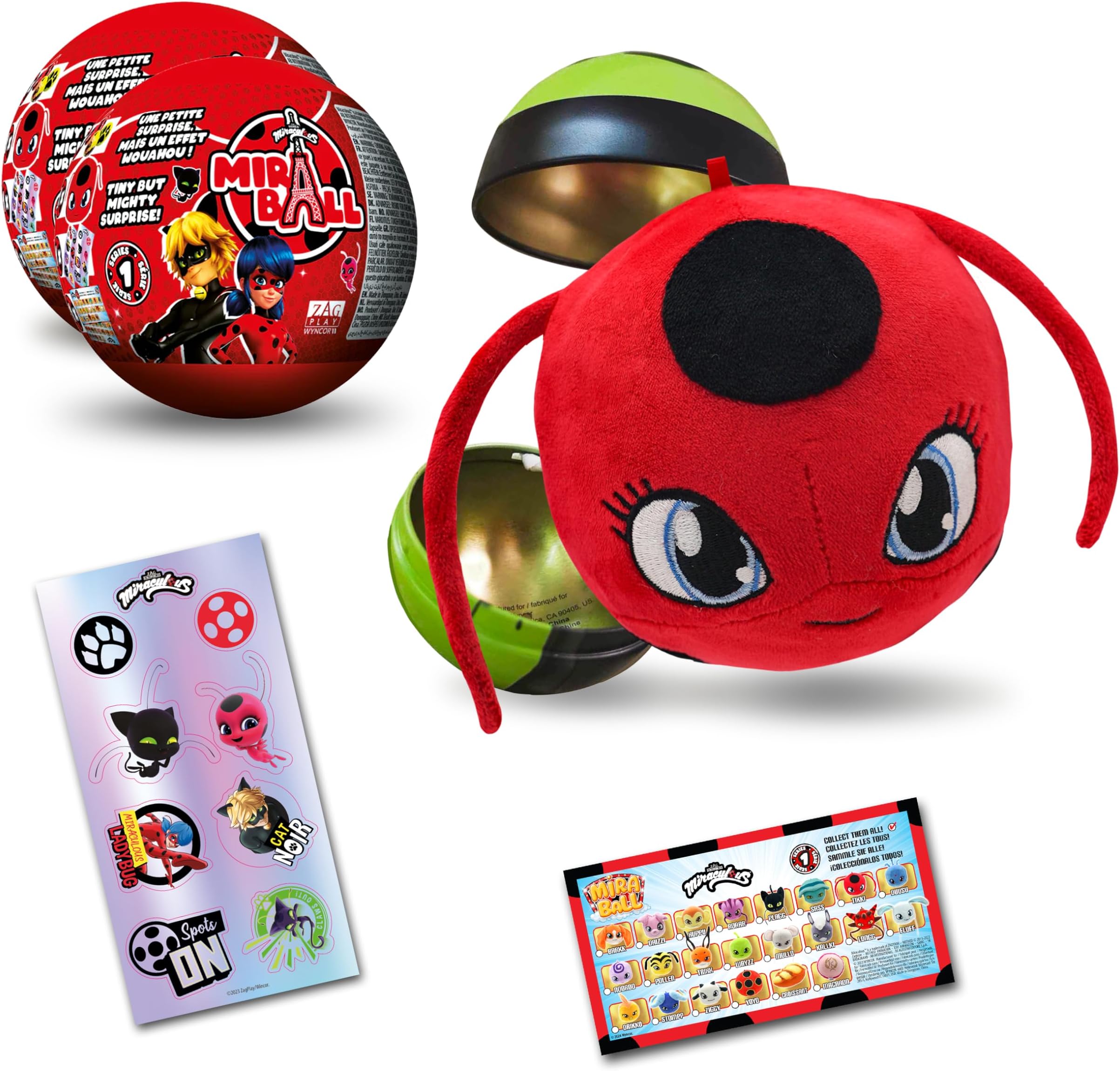 Ladybug MiraBall, 3-in-1 Surprise, 2 Pack, Blind Box Toys for Kids - Collectable Characters from TV Shows - Metal Ball, Kwami Plush, Stickers, White Ribbon - Collect Them All