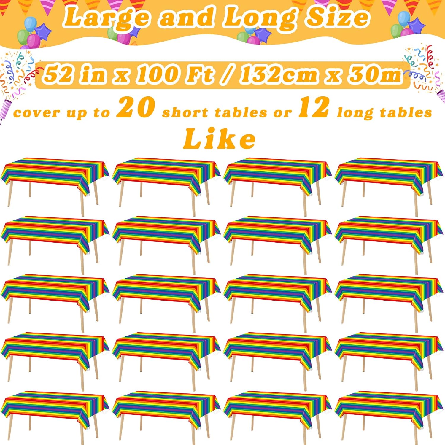 Carnival Pride Rainbow Striped Tablecloth Roll - 52 in x 100 in with Slide Cutter - Plastic Table Cloth Roll - Rainbow Party Table Cover for Indoor and Outdoor Family Parties and Celebrations