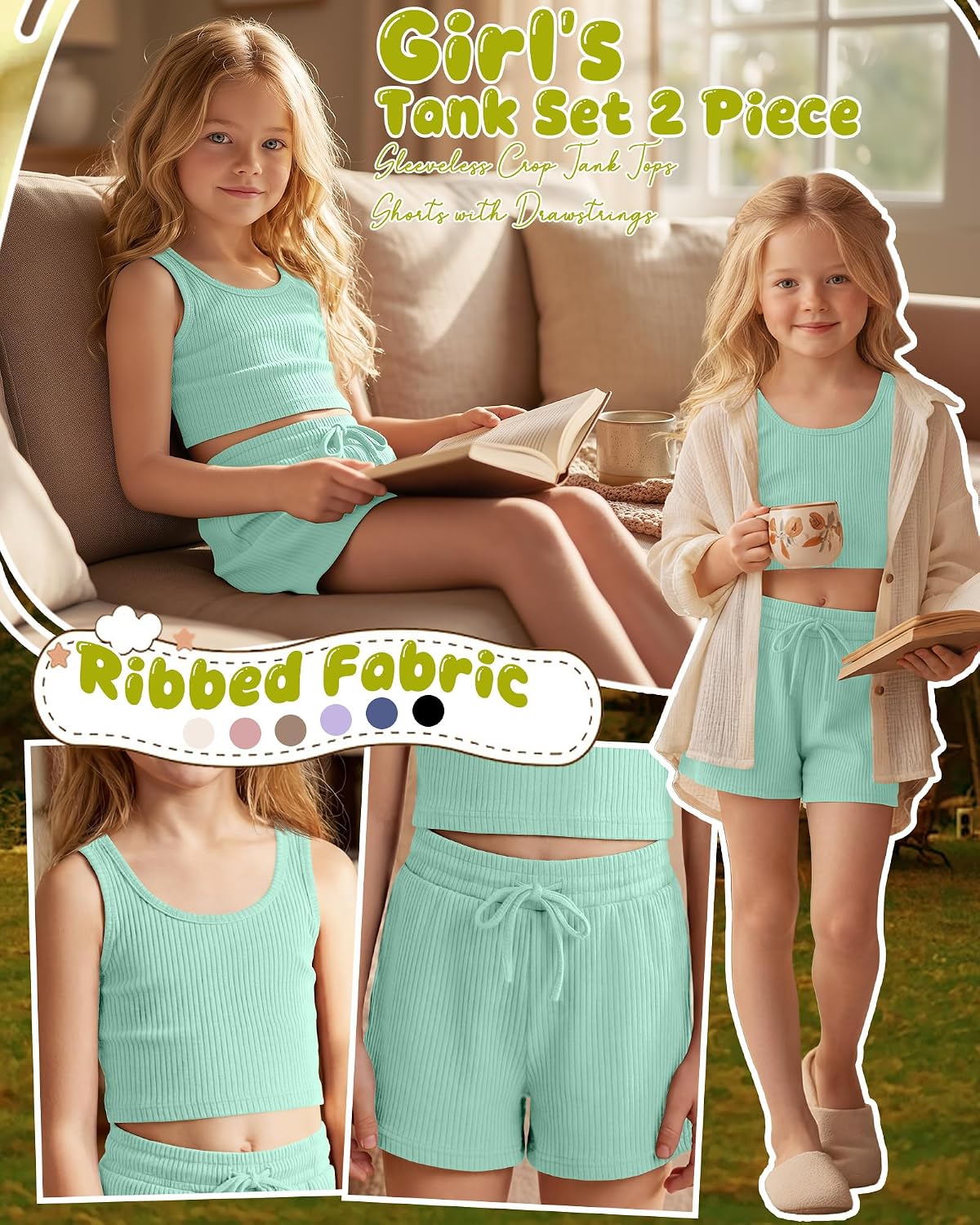 Girls 2 Piece Outfit Sleeveless Crop Tank Tops Ribbed High Waisted Shorts Casual Summer Matching Set 2 Piece