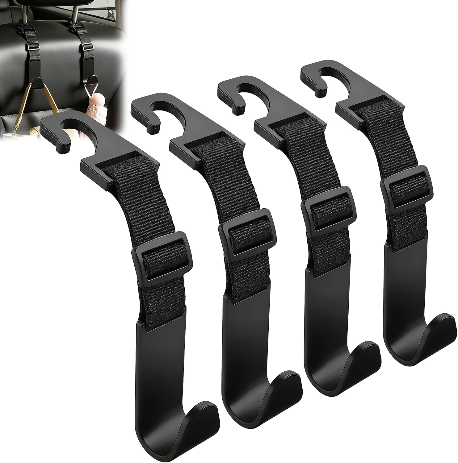 Amooca Adjustable Car Headrest Hooks, 4 Pack Universal Fit Vehicle Seat Back Organizer Hanger for Purse, Bags & Groceries, Black