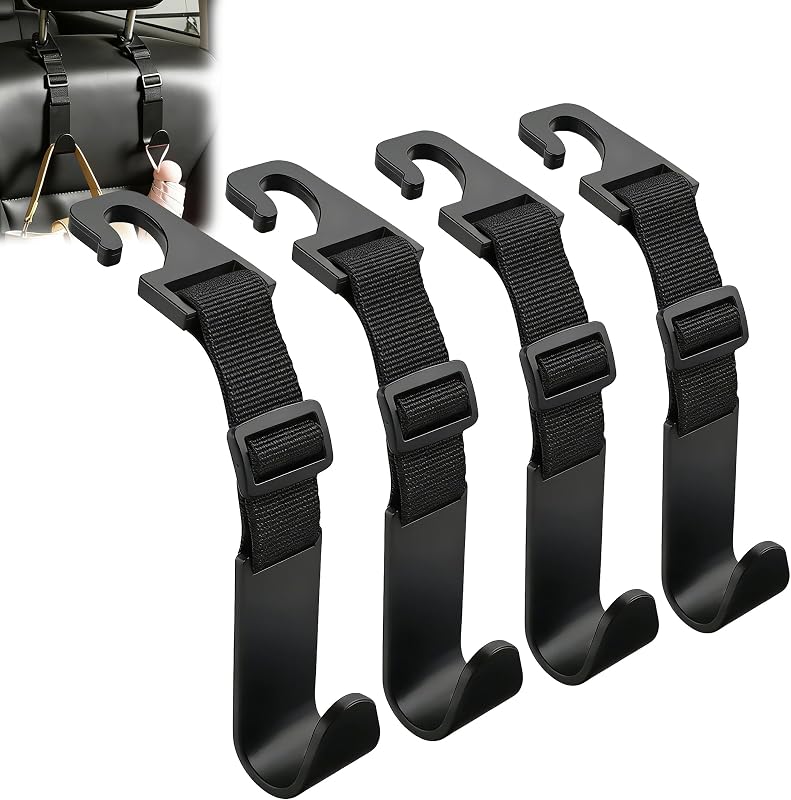 Adjustable Car Headrest Hooks, 4 Pack Universal Fit Vehicle Seat Back Organizer Hanger for Purse, Bags & Groceries, Black