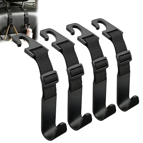 Amooca Adjustable Car Headrest Hooks 4 Pack Vehicle Seat Hanger for Bags | Seat Back Organizer, Hang Purses Bags Groceries Backpack Coat Hat Water Bottle, Universal Fit, 40lb Capacity, Black