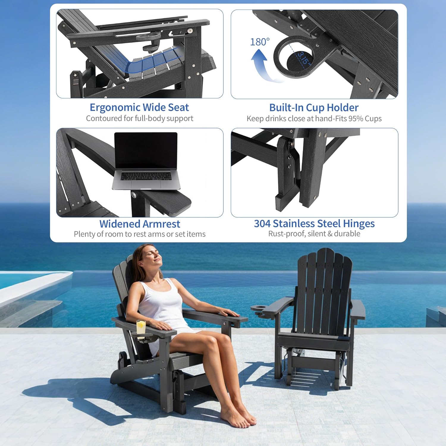 HDPE Outdoor Glider Chair Set of 4,3-Position Adjustable Backrest Patio Glider, Comfortable Glider Rocker Chair with Cup Holders,All-Weather Porch Glider for Outside,Deck,Fire Pit, Poolside